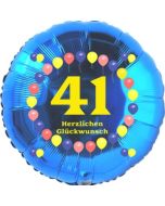 Luftballon aus Folie zum 41. Geburtstag, Herzlichen Glückwunsch Ballons 41, blau, ohne Ballongas