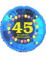 Luftballon aus Folie zum 45. Geburtstag, Herzlichen Glückwunsch Ballons 45, blau, ohne Ballongas