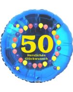 Luftballon aus Folie zum 50. Geburtstag, Herzlichen Glückwunsch Ballons 50, blau, ohne Ballongas