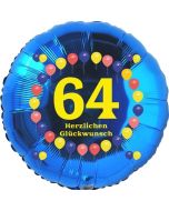 Luftballon aus Folie zum 64. Geburtstag, Herzlichen Glückwunsch Ballons 64, blau, ohne Ballongas