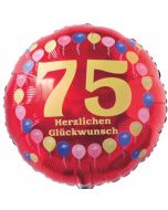 Luftballon aus Folie zum 75. Geburtstag, Herzlichen Glückwunsch Ballons 75, rot, ohne Ballongas