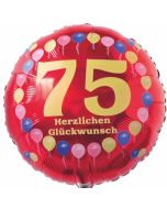 Luftballon aus Folie zum 75. Geburtstag, Herzlichen Glückwunsch Ballons 75, rot, ohne Ballongas