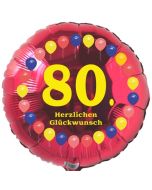 Luftballon aus Folie zum 80. Geburtstag, Herzlichen Glückwunsch Ballons 80, rot, ohne Ballongas