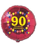 Luftballon aus Folie zum 90. Geburtstag, Herzlichen Glückwunsch Ballons 90, rot, ohne Ballongas