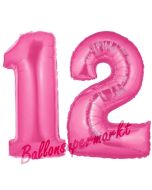 Zahl 12 Pink, Luftballons aus Folie zum 12. Geburtstag, 100 cm, inklusive Helium