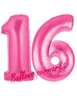 Zahl 16, Pink, Luftballons aus Folie zum 16. Geburtstag, 100 cm, inklusive Helium