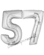 Zahl 57, Silber, Luftballons aus Folie zum 57. Geburtstag, 100 cm, inklusive Helium