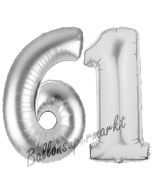 Zahl 61, Silber, Luftballons aus Folie zum 61. Geburtstag, 100 cm, inklusive Helium