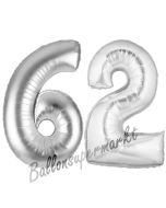 Zahl 62, Silber, Luftballons aus Folie zum 62. Geburtstag, 100 cm, inklusive Helium