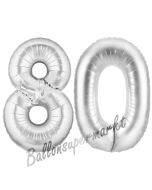 Zahl 80, Silber, Luftballons aus Folie zum 80. Geburtstag