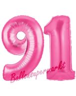 Zahl 91, Pink, Luftballons aus Folie zum 91. Geburtstag, 100 cm, inklusive Helium
