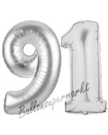 Zahl 91 Silber, Luftballons aus Folie zum 91. Geburtstag, 100 cm, inklusive Helium