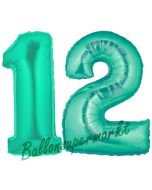 Zahl 12, Aquamarin, Luftballons aus Folie zum 12. Geburtstag, 100 cm, inklusive Helium