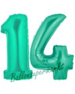 Zahl 14, Aquamarin, Luftballons aus Folie zum 14. Geburtstag, 100 cm, inklusive Helium