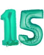 Zahl 15, Aquamarin, Luftballons aus Folie zum 15. Geburtstag, 100 cm, inklusive Helium