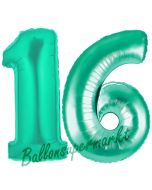 Zahl 16, Aquamarin, Luftballons aus Folie zum 16. Geburtstag, 100 cm, inklusive Helium