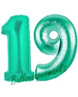 Zahl 19, Aquamarin, Luftballons aus Folie zum 19. Geburtstag, 100 cm, inklusive Helium