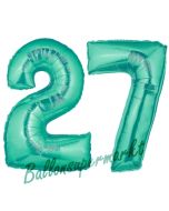 Zahl 27, Aquamarin, Luftballons aus Folie zum 27. Geburtstag, 100 cm, inklusive Helium
