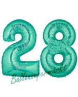 Zahl 28, Aquamarin, Luftballons aus Folie zum 28. Geburtstag, 100 cm, inklusive Helium