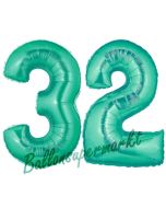 Zahl 32, Aquamarin, Luftballons aus Folie zum 32. Geburtstag, 100 cm, inklusive Helium
