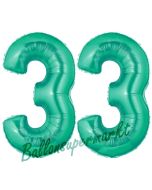 Zahl 33, Aquamarin, Luftballons aus Folie zum 33. Geburtstag, 100 cm, inklusive Helium