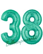 Zahl 38, Aquamarin, Luftballons aus Folie zum 38. Geburtstag, 100 cm, inklusive Helium