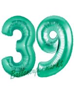 Zahl 39 Aquamarin, Luftballons aus Folie zum 39. Geburtstag, 100 cm, inklusive Helium