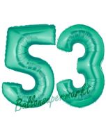 Zahl 53 Aquamarin, Luftballons aus Folie zum 53. Geburtstag, 100 cm, inklusive Helium