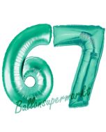 Zahl 67 Aquamarin, Luftballons aus Folie zum 67. Geburtstag, 100 cm, inklusive Helium
