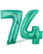 Zahl 74 Aquamarin, Luftballons aus Folie zum 74. Geburtstag, 100 cm, inklusive Helium