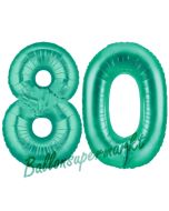 Zahl 80, Aquamarin, Luftballons aus Folie zum 80. Geburtstag