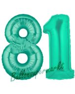Zahl 81 Aquamarin, Luftballons aus Folie zum 81 . Geburtstag, 100 cm, inklusive Helium