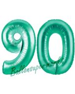 Zahl 90, Aquamarin, Luftballons aus Folie zum 90. Geburtstag