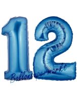 Zahl 12 Blau, Luftballons aus Folie zum 12. Geburtstag, 100 cm, inklusive Helium