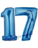 Zahl 17 Blau, Luftballons aus Folie zum 17. Geburtstag, 100 cm, inklusive Helium