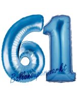 Zahl 61, Blau, Luftballons aus Folie zum 61. Geburtstag, 100 cm, inklusive Helium