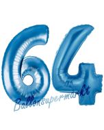 Zahl 64, Blau, Luftballons aus Folie zum 64. Geburtstag, 100 cm, inklusive Helium