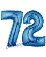 Zahl 72, Blau, Luftballons aus Folie zum 72. Geburtstag, 100 cm, inklusive Helium