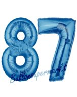 Zahl 87 Blau, Luftballons aus Folie zum 87. Geburtstag, 100 cm, inklusive Helium
