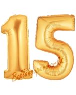 Zahl 15 Gold, Luftballons aus Folie zum 15. Geburtstag, 100 cm, inklusive Helium