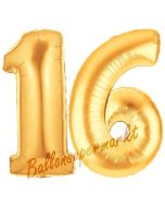 Zahl 16, Gold, Luftballons aus Folie zum 16. Geburtstag, 100 cm, inklusive Helium
