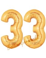 Zahl 33, Gold, Luftballons aus Folie zum 33. Geburtstag, 100 cm, inklusive Helium