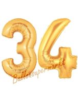 Zahl 34, Gold, Luftballons aus Folie zum 34. Geburtstag, 100 cm, inklusive Helium