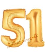 Zahl 51, Gold, Luftballons aus Folie zum 51. Geburtstag, 100 cm, inklusive Helium