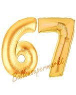 Zahl 67, Gold, Luftballons aus Folie zum 67. Geburtstag, 100 cm, inklusive Helium