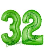 Zahl 32 Grün, Luftballons aus Folie zum 32. Geburtstag, 100 cm, inklusive Helium