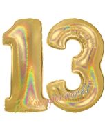 Zahl 13, Holografisch, Gold, Luftballons aus Folie zum 13. Geburtstag, 100 cm, inklusive Helium