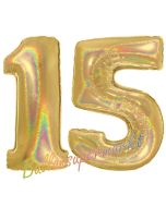 Zahl 15, Holografisch, Gold, Luftballons aus Folie zum 15. Geburtstag, 100 cm, inklusive Helium