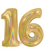 Zahl 16, holografisch, Gold, Luftballons aus Folie zum 16. Geburtstag, 100 cm, inklusive Helium