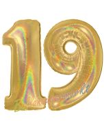Zahl 19, Holografisch, Gold, Luftballons aus Folie zum 19. Geburtstag, 100 cm, inklusive Helium